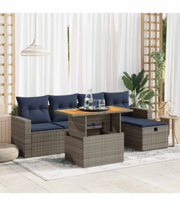 vidaXL 6 Piece Garden Sofa Set with Cushions Grey Poly Rattan Acacia