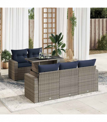 vidaXL 6 Piece Garden Sofa Set with Cushions Grey Poly Rattan Acacia