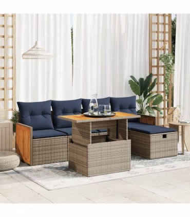 vidaXL 6 Piece Garden Sofa Set with Cushions Grey Poly Rattan Acacia