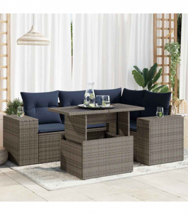 vidaXL 6 Piece Garden Sofa Set with Cushions Grey Poly Rattan Acacia