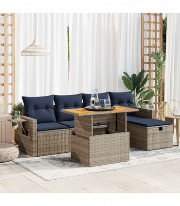 vidaXL 6 Piece Garden Sofa Set with Cushions Grey Poly Rattan Acacia