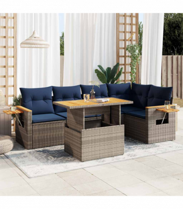 vidaXL 6 Piece Garden Sofa Set with Cushions Grey Poly Rattan Acacia