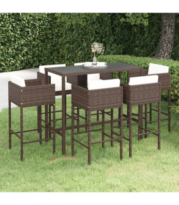 vidaXL 7 Piece Garden Bar Set with Cushions Poly Rattan Brown