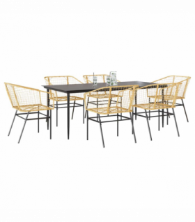 vidaXL 7 Piece Garden Dining Set Brown Poly Rattan Glass