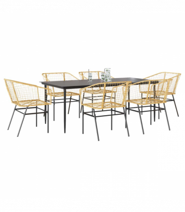 vidaXL 7 Piece Garden Dining Set Brown Poly Rattan Glass