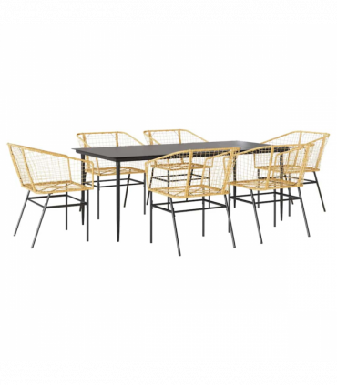 vidaXL 7 Piece Garden Dining Set Brown Poly Rattan Glass