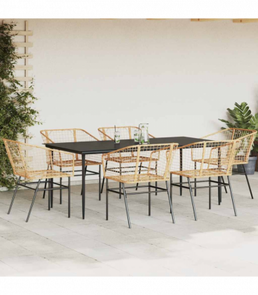 vidaXL 7 Piece Garden Dining Set Brown Poly Rattan Glass