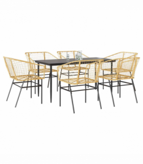 vidaXL 7 Piece Garden Dining Set Brown Poly Rattan Glass
