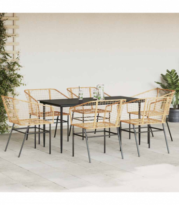 vidaXL 7 Piece Garden Dining Set Brown Poly Rattan Glass