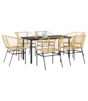 vidaXL 7 Piece Garden Dining Set Brown Poly Rattan Glass