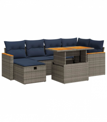 vidaXL 7 Piece Garden Sofa Set with Cushions Black Poly Rattan Acacia