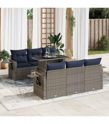 vidaXL 7 Piece Garden Sofa Set with Cushions Black Poly Rattan Acacia