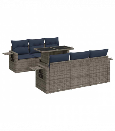 vidaXL 7 Piece Garden Sofa Set with Cushions Black Poly Rattan Acacia