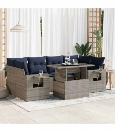 vidaXL 7 Piece Garden Sofa Set with Cushions Black Poly Rattan Acacia