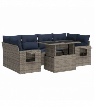 vidaXL 7 Piece Garden Sofa Set with Cushions Black Poly Rattan Acacia