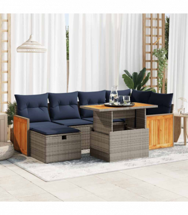 vidaXL 7 Piece Garden Sofa Set with Cushions Black Poly Rattan Acacia