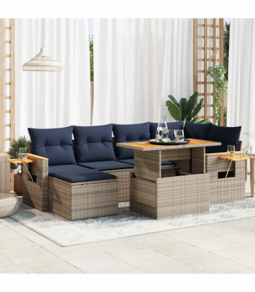vidaXL 7 Piece Garden Sofa Set with Cushions Black Poly Rattan Acacia