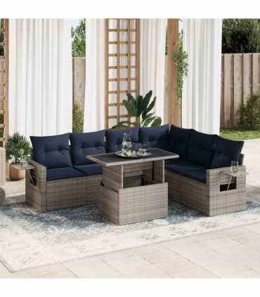 vidaXL 7 Piece Garden Sofa Set with Cushions Black Poly Rattan Acacia