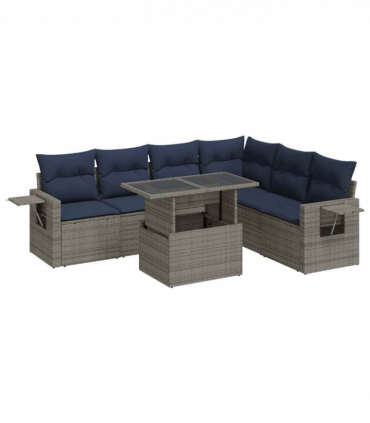 vidaXL 7 Piece Garden Sofa Set with Cushions Black Poly Rattan Acacia