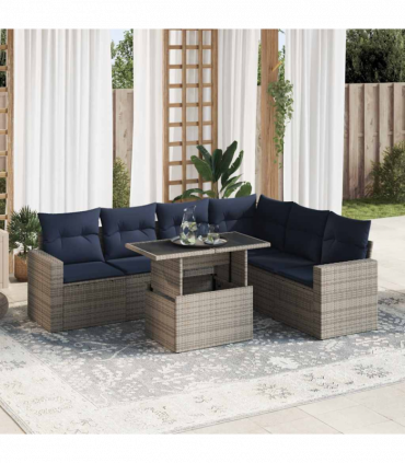 vidaXL 7 Piece Garden Sofa Set with Cushions Black Poly Rattan Acacia