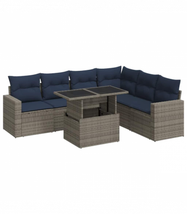 vidaXL 7 Piece Garden Sofa Set with Cushions Black Poly Rattan Acacia