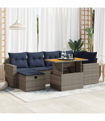 vidaXL 7 Piece Garden Sofa Set with Cushions Black Poly Rattan Acacia