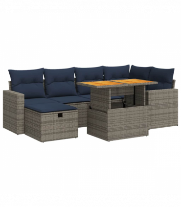 vidaXL 7 Piece Garden Sofa Set with Cushions Black Poly Rattan Acacia