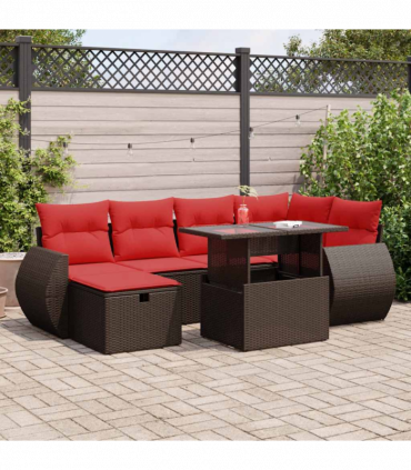 vidaXL 7 Piece Garden Sofa Set with Cushions Black Poly Rattan Acacia