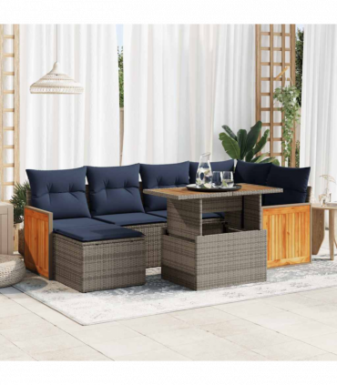 vidaXL 7 Piece Garden Sofa Set with Cushions Black Poly Rattan Acacia