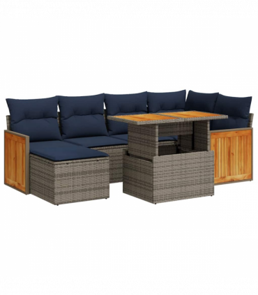 vidaXL 7 Piece Garden Sofa Set with Cushions Black Poly Rattan Acacia