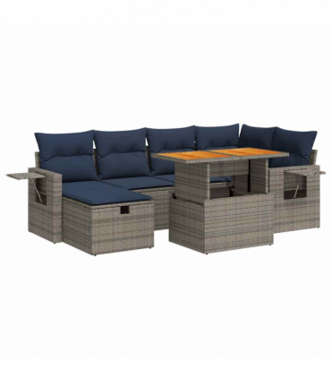 vidaXL 7 Piece Garden Sofa Set with Cushions Black Poly Rattan Acacia