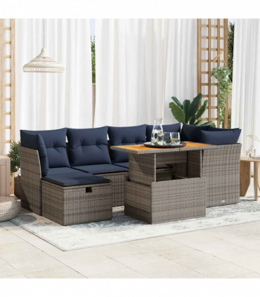 vidaXL 7 Piece Garden Sofa Set with Cushions Black Poly Rattan Acacia