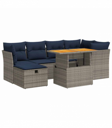 vidaXL 7 Piece Garden Sofa Set with Cushions Black Poly Rattan Acacia