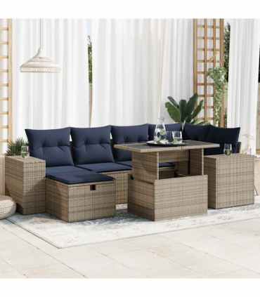 vidaXL 7 Piece Garden Sofa Set with Cushions Brown Poly Rattan Acacia