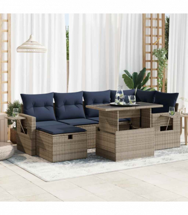 vidaXL 7 Piece Garden Sofa Set with Cushions Brown Poly Rattan Acacia
