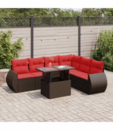 vidaXL 7 Piece Garden Sofa Set with Cushions Brown Poly Rattan Acacia