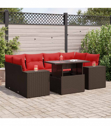 vidaXL 7 Piece Garden Sofa Set with Cushions Brown Poly Rattan Acacia