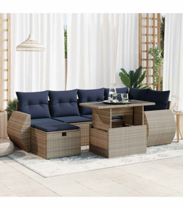 vidaXL 7 Piece Garden Sofa Set with Cushions Brown Poly Rattan Acacia