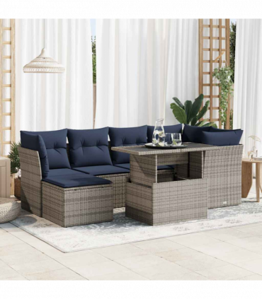 vidaXL 7 Piece Garden Sofa Set with Cushions Grey Poly Rattan Acacia