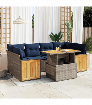 vidaXL 7 Piece Garden Sofa Set with Cushions Grey Poly Rattan Acacia