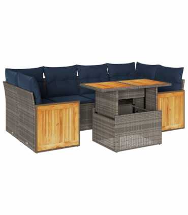 vidaXL 7 Piece Garden Sofa Set with Cushions Grey Poly Rattan Acacia