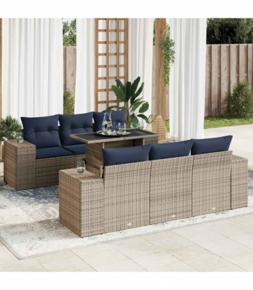 vidaXL 7 Piece Garden Sofa Set with Cushions Grey Poly Rattan Acacia
