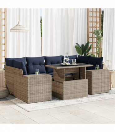 vidaXL 7 Piece Garden Sofa Set with Cushions Grey Poly Rattan Acacia