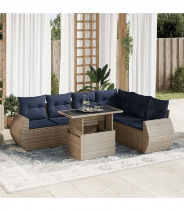 vidaXL 7 Piece Garden Sofa Set with Cushions Grey Poly Rattan Acacia