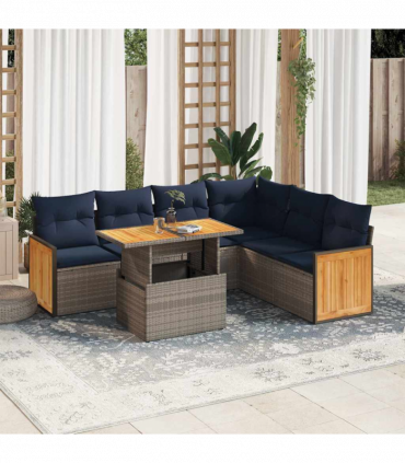 vidaXL 7 Piece Garden Sofa Set with Cushions Grey Poly Rattan Acacia