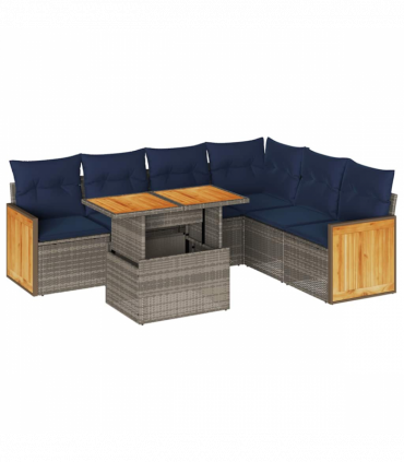 vidaXL 7 Piece Garden Sofa Set with Cushions Grey Poly Rattan Acacia