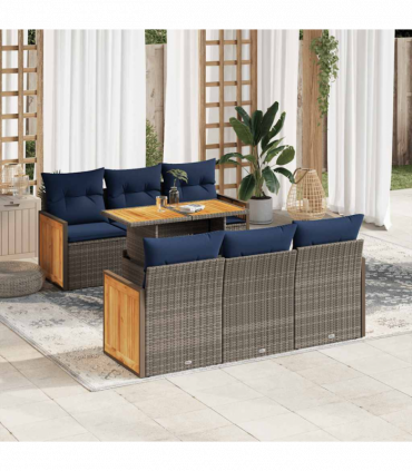 vidaXL 7 Piece Garden Sofa Set with Cushions Grey Poly Rattan Acacia