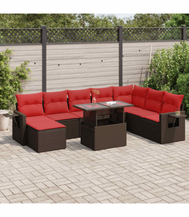 vidaXL 9 Piece Garden Sofa Set with Cushions Black Poly Rattan Acacia