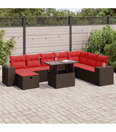 vidaXL 9 Piece Garden Sofa Set with Cushions Black Poly Rattan Acacia