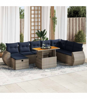 vidaXL 9 Piece Garden Sofa Set with Cushions Black Poly Rattan Acacia